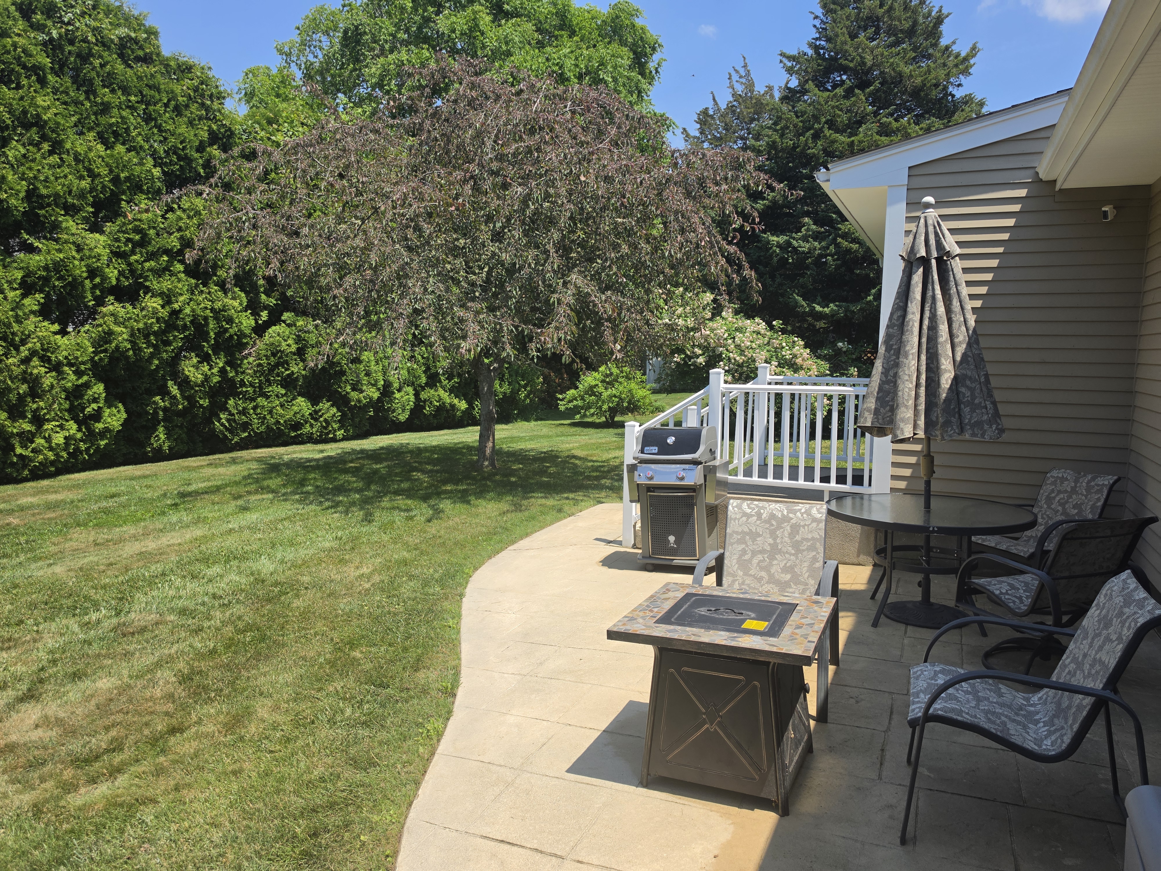 Backyard patio with sweeping lawn views